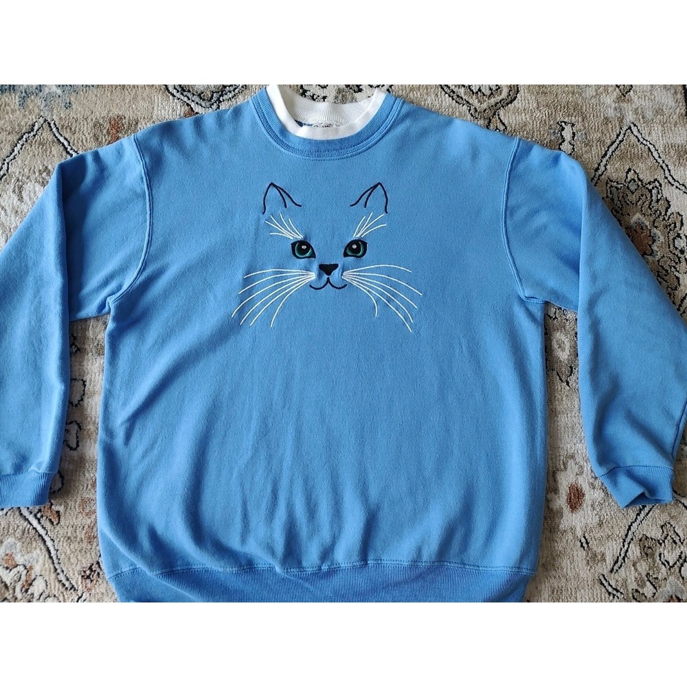 Embroidered Cat Face Sweatshirt Adult Sky Blue Double Collar Medium? Cat Lady